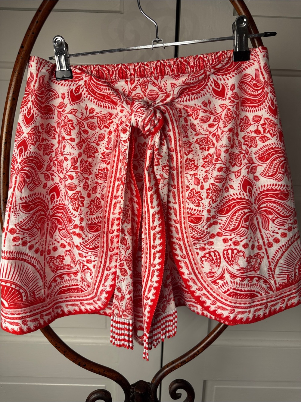 FARM Rio River Ride Linen Blend Wrap Shorts XS Beaded Tassel Red Ivory